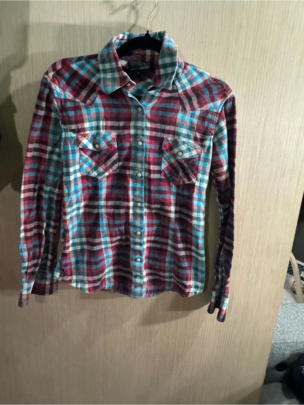 Women’s Powder River Outfitters Plaid Button-Up Shirt Burgundy Teal Size Small